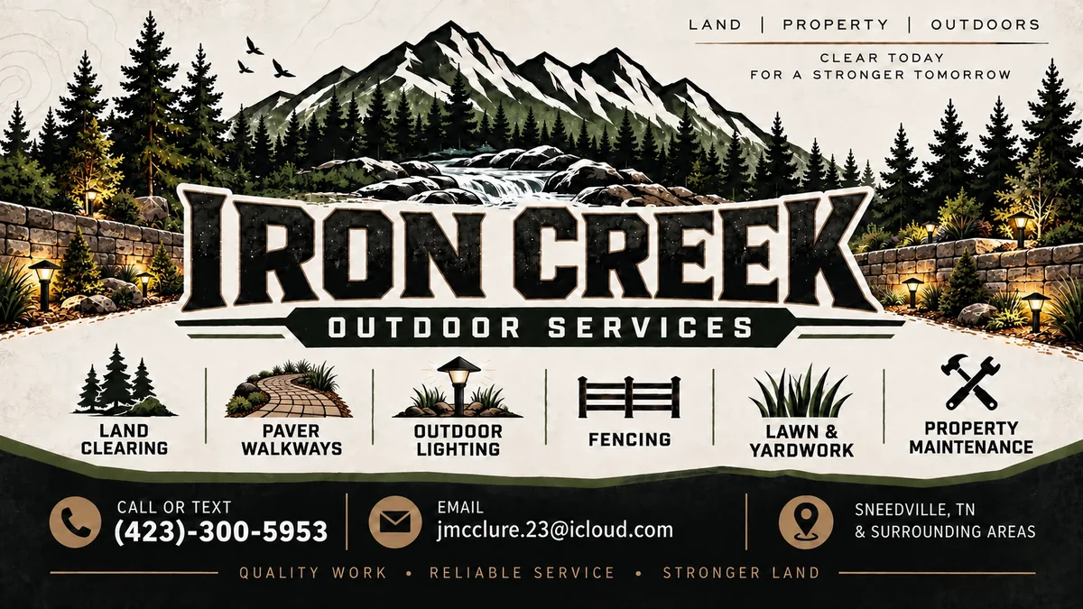 Iron Creek Outdoor Services business card featuring mountains, trees, paver walkways, outdoor lighting, retaining walls and company contact details